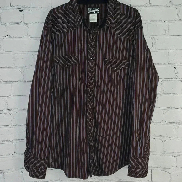 Wrangler Western Mens XL Extra Large Brown Orange Blue Pearl Snap Shirt Vintage - Picture 1 of 8